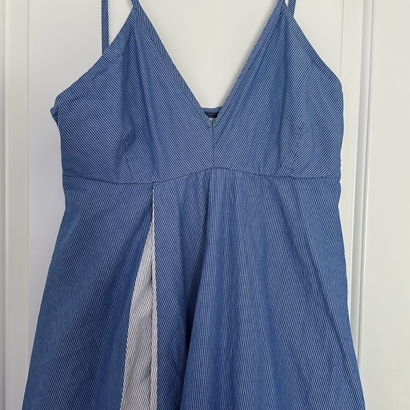 Zara Poplin Pinstripe Blue Midi Dress Pockets Sz M - Picture 8 of 14